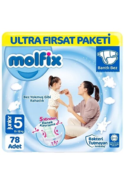 1 koli x2 Molfix Bebek Bezi 3D 5 Beden Junior 11-18 Kg 78Li Ultra Fırsat