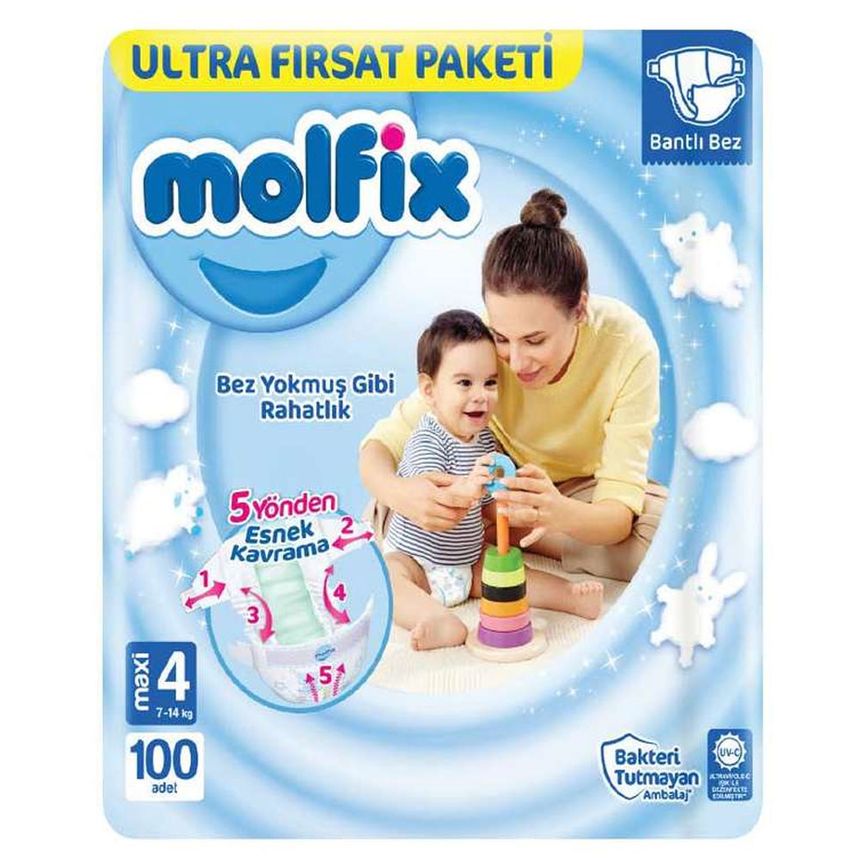 1 koli x2 Molfix No:4 Maxi 100 Adet Bebek Bezi ultra fırsat paketi
