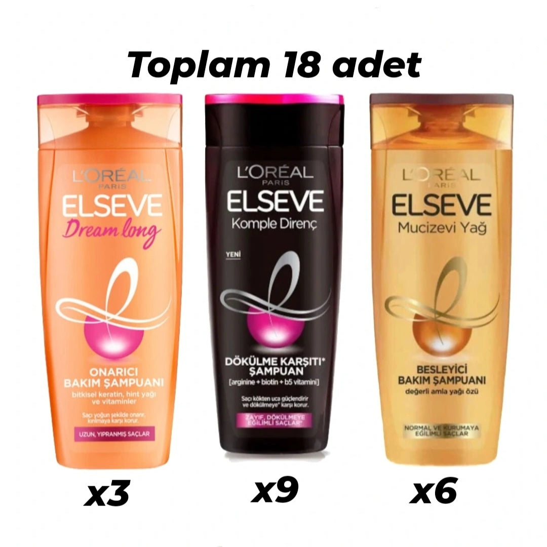 1 koli x18 adet karma koli L'Oréal Paris Elseve 3 adet Dream Long Onarıcı Bakım |6 adet mucize | 9 adet dökülme karşı
