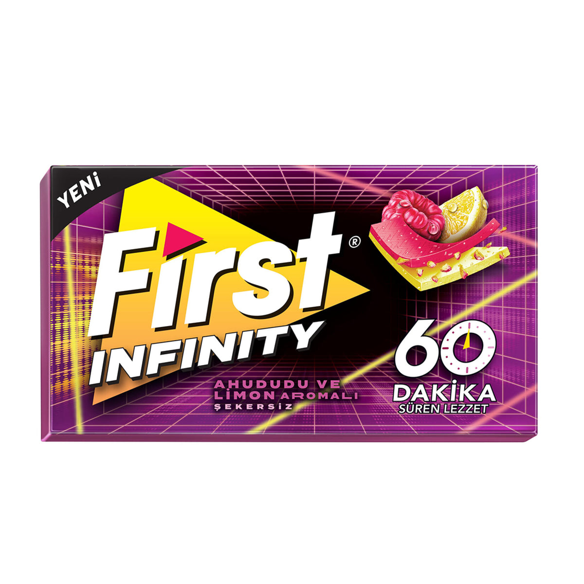 1 Paket x12 First İnfinity 60 Dakika Ahududu ve Limon Aromalı Şekersiz Sakız 27GR