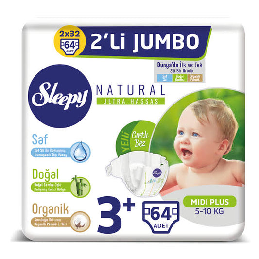 1 koli  X 4 adet Sleepy Natural Bebek 3 no Bezi 3+ Numara Midi Plus 2'Lİ JUMBO 64 Adet